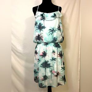 Teal, pink, white, and black tropical summer dress